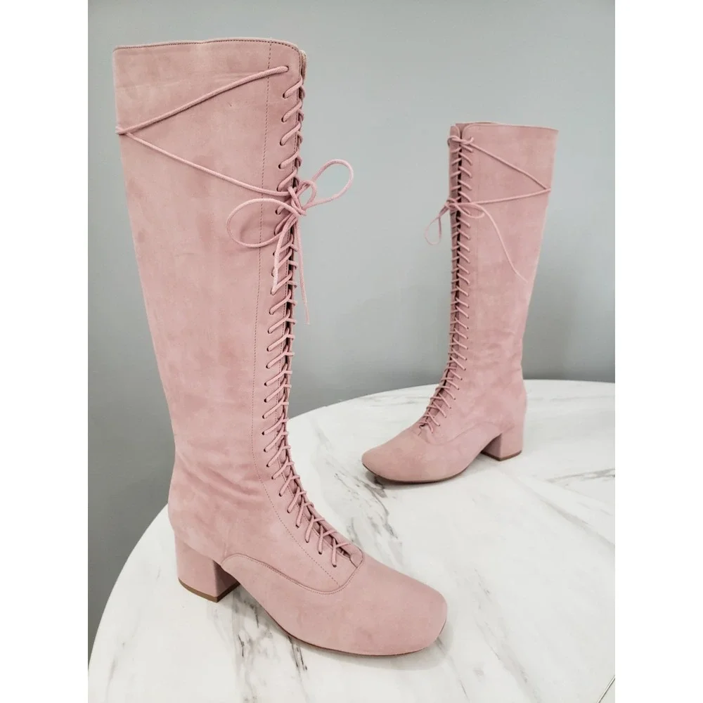 Kate Spade LAKE Knee High Boots Prairie Lace & Zip Up Rose Pink Size 9.5